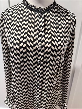 J. Crew Silk Black and White Chevron-Print Button-Up blouse